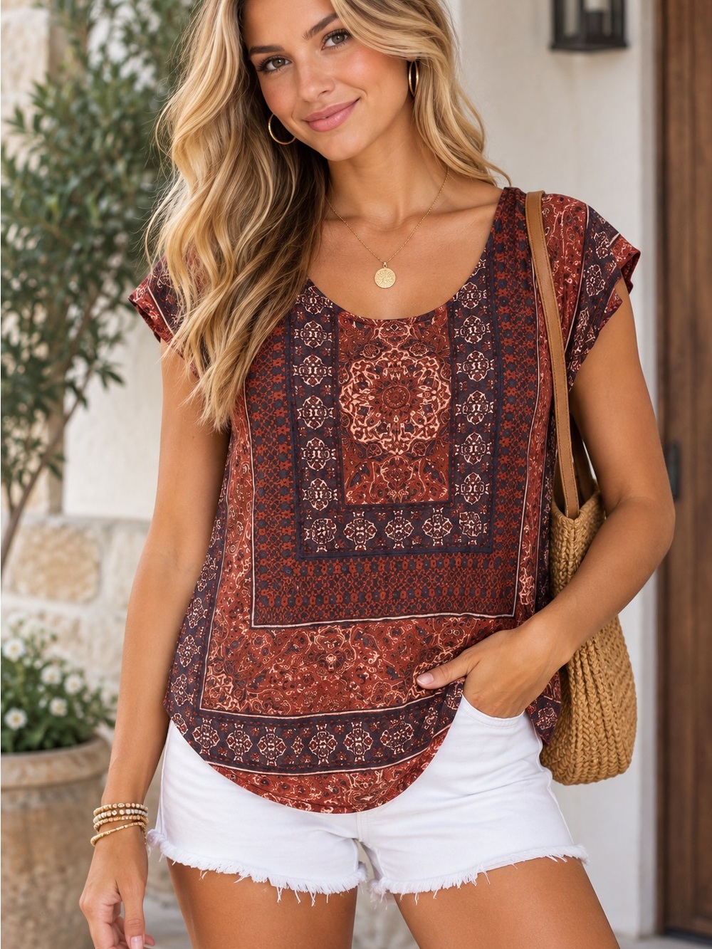 Lucky Brand Rust and Brown Boho Cap-Sleeve Top
